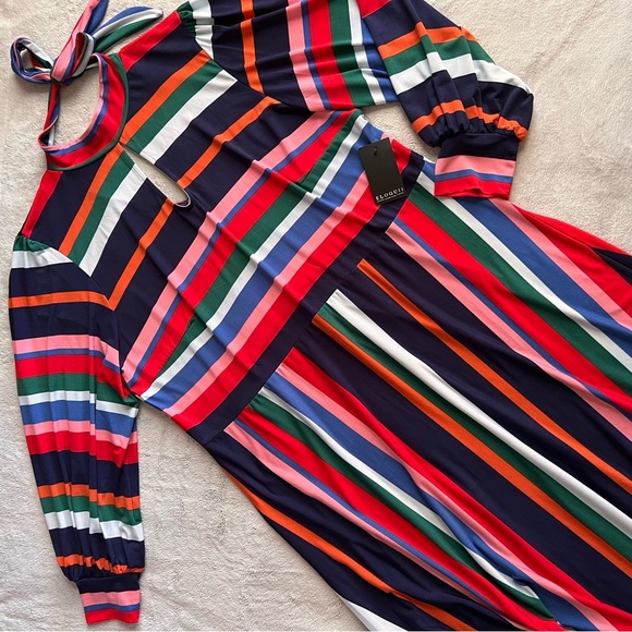 NWT Eloquii Stretch Jersey Fit & Flare Retro Stripe Puff Sleeve Tie Neck Dress - Picture 1 of 17